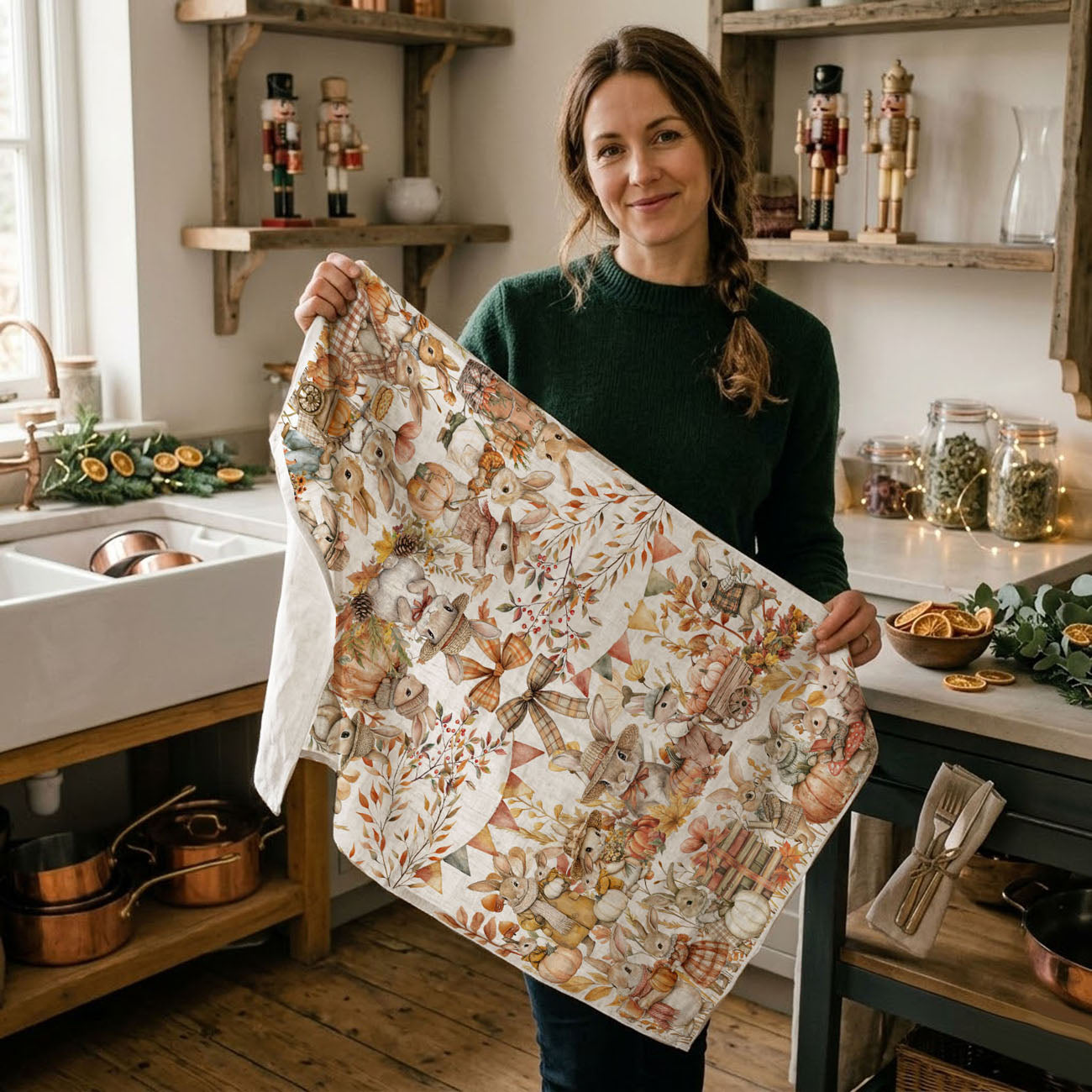 storybook bunnies fall towel 
autumn bunny and pumpkin spice mug kitchen towel
cute bunny holding basket of apples fall tea towel
fall rabbit and white pumpkin kitchen accent towel
bunny reading books fall kitchen towel for book lovers