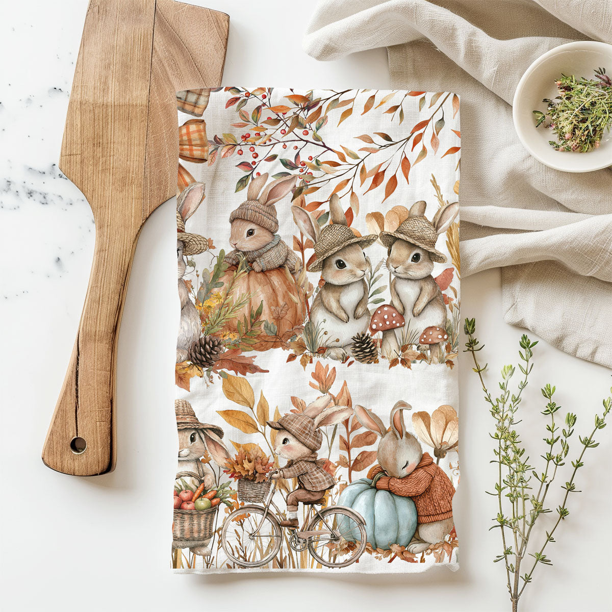 pumpkin patch bunny kitchen towel for autumn baking
cute fall rabbit towel for coffee bar styling
neutral cottage kitchen towel with autumn bunnies
fall housewarming gift bunny and pumpkin dish towel
seasonal autumn bunny towel for thanksgiving hostess gift