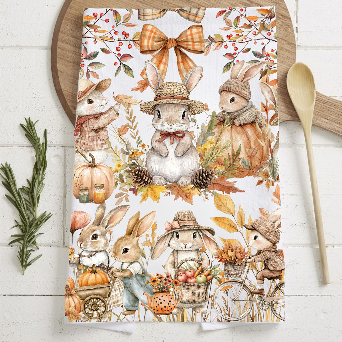 autumn bunny hostess gift cotton kitchen towel
fall farmhouse kitchen decor with bunny flour sack towel
cute bunny and pumpkin thanksgiving hand towel
fall rabbits in plaid outfits cotton kitchen towel
whimsical woodland bunny harvest towel with pumpkins and wheat
