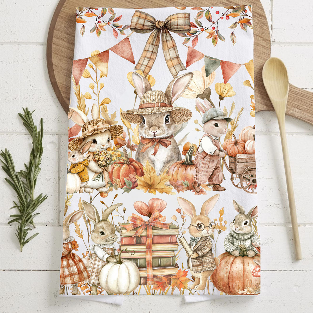 fall woodland animals kitchen towel with rabbits and pumpkins
bunny riding bicycle with pumpkins fall tea towel
adorable rabbit holding pumpkin mug fall kitchen towel
pumpkin spice season bunny kitchen towel with warm tones
bunny with bouquet of flowers fall tea towel