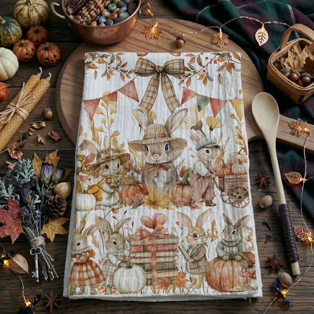 cute bunny and sunflower fall kitchen decor towel
autumn rabbits and books cozy cottage kitchen towel
bunny and pumpkin cart fall towel on white shiplap background
fall bunny and orange plaid bow tea towel
woodland bunny and toadstool fall kitchen linen
autumn bunny towel used as thanksgiving hostess gift
fall bunny cotton towel wrapped around freshly baked bread
cute rabbit and pumpkin illustration towel for fall
