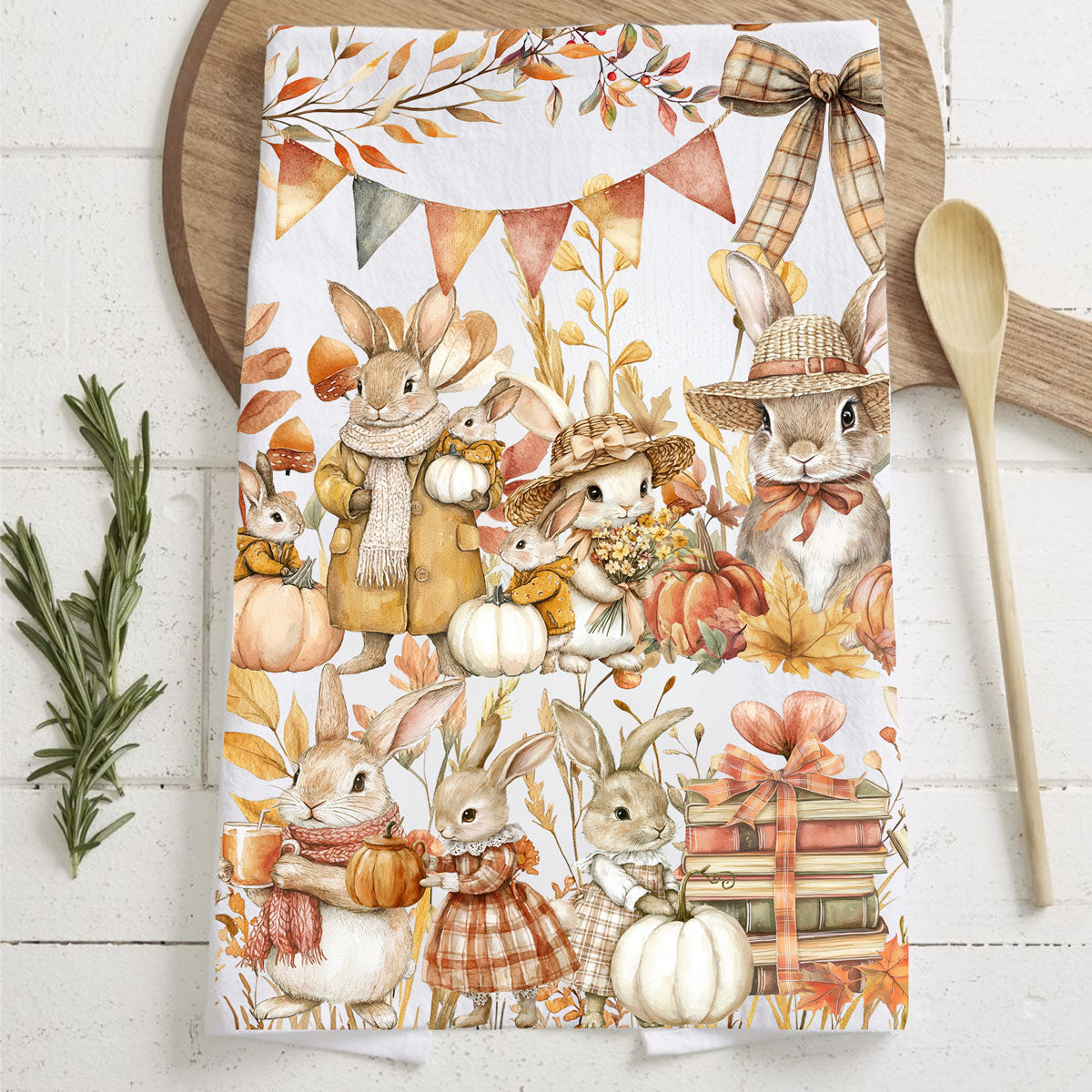 fall bunny print towel for kids friendly kitchen décor
autumn harvest towel with bunnies carrying pumpkins
fall bunting and bunny kitchen towel for seasonal decorating
fall bunny and leaf garland towel for rustic thanksgiving table decor
fall harvest bunny towel with wheelbarrow of pumpkins
vintage style rabbit illustration towel for autumn kitchen
storybook bunnies fall towel on rustic wood cutting board
autumn bunny and pumpkin spice mug kitchen towel
cute bunny holding basket of apples fall tea towel
