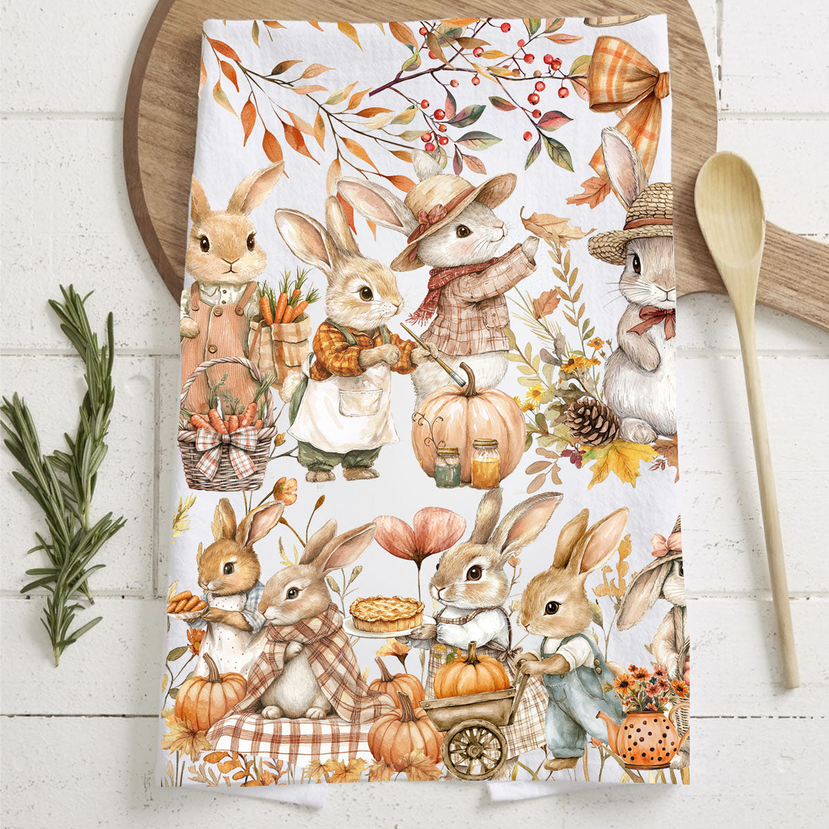 rustic fall towel with bunnies, books and pumpkins
cute bunny kitchen towel for fall housewarming gift
woodland creature autumn dish towel with rabbits and foliage
fall bunny tea towel paired with pumpkin spice candle
autumn bunny dish towel layered with plaid hand towel in kitchen