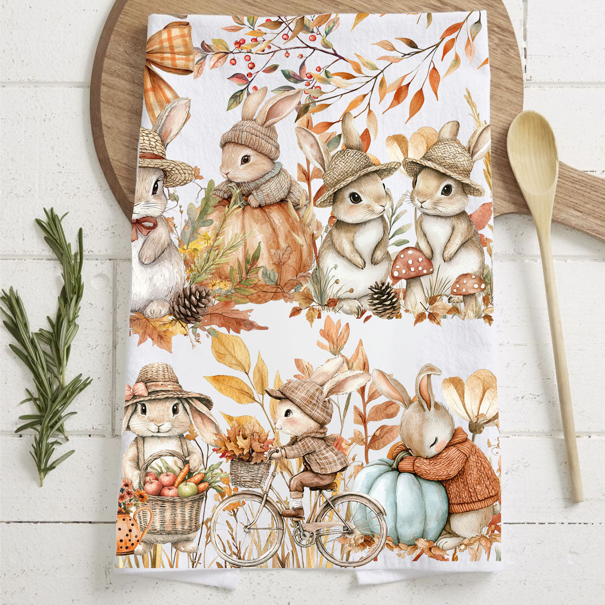 bunny themed fall tea towel on farmhouse cutting board
thanksgiving kitchen towel with cute bunnies and pumpkins
autumn bunny family towel for cozy cottage kitchen
autumn bunny and gingham banner flour sack dish towel
cozy cottagecore bunny and pumpkin kitchen towel
autumn bunny dish towel with leaves berries and acorns
cute bunny chef kitchen towel for fall baking days