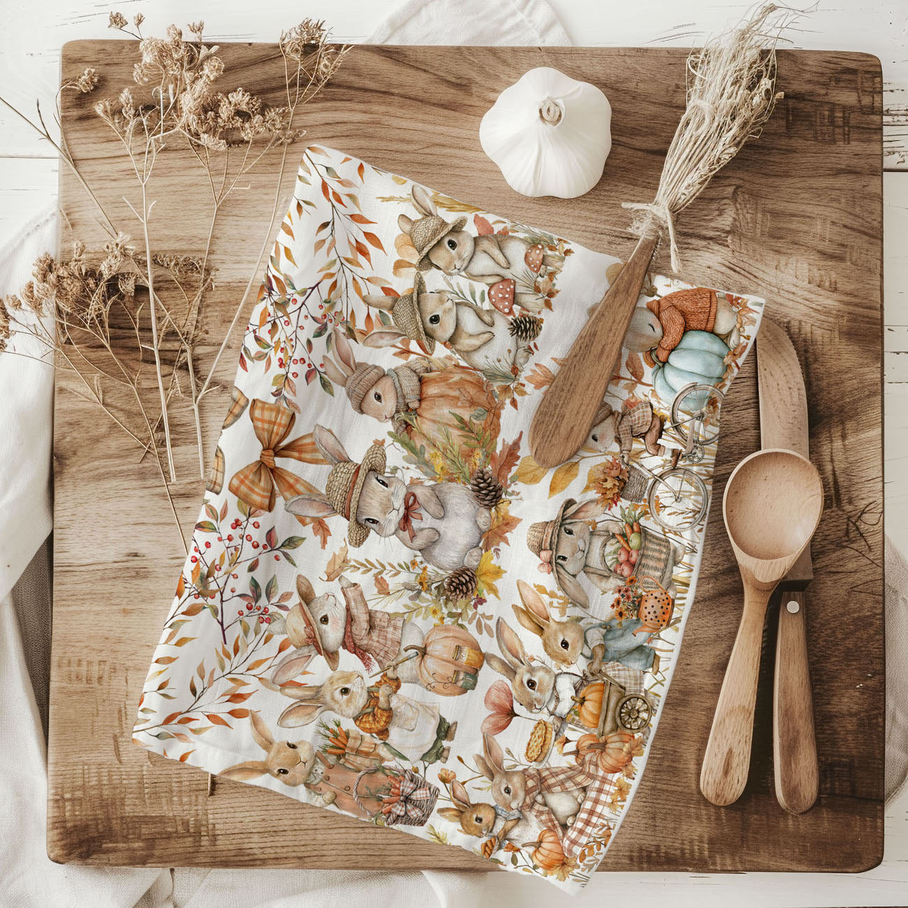 fall bunny kitchen towel with autumn colors
cute rabbit fall dish towel for farmhouse kitchen
autumn bunnies and pumpkins cotton tea towel
woodland bunny family kitchen towel for thanksgiving decor
fall rabbit print flour sack towel hanging on oven door