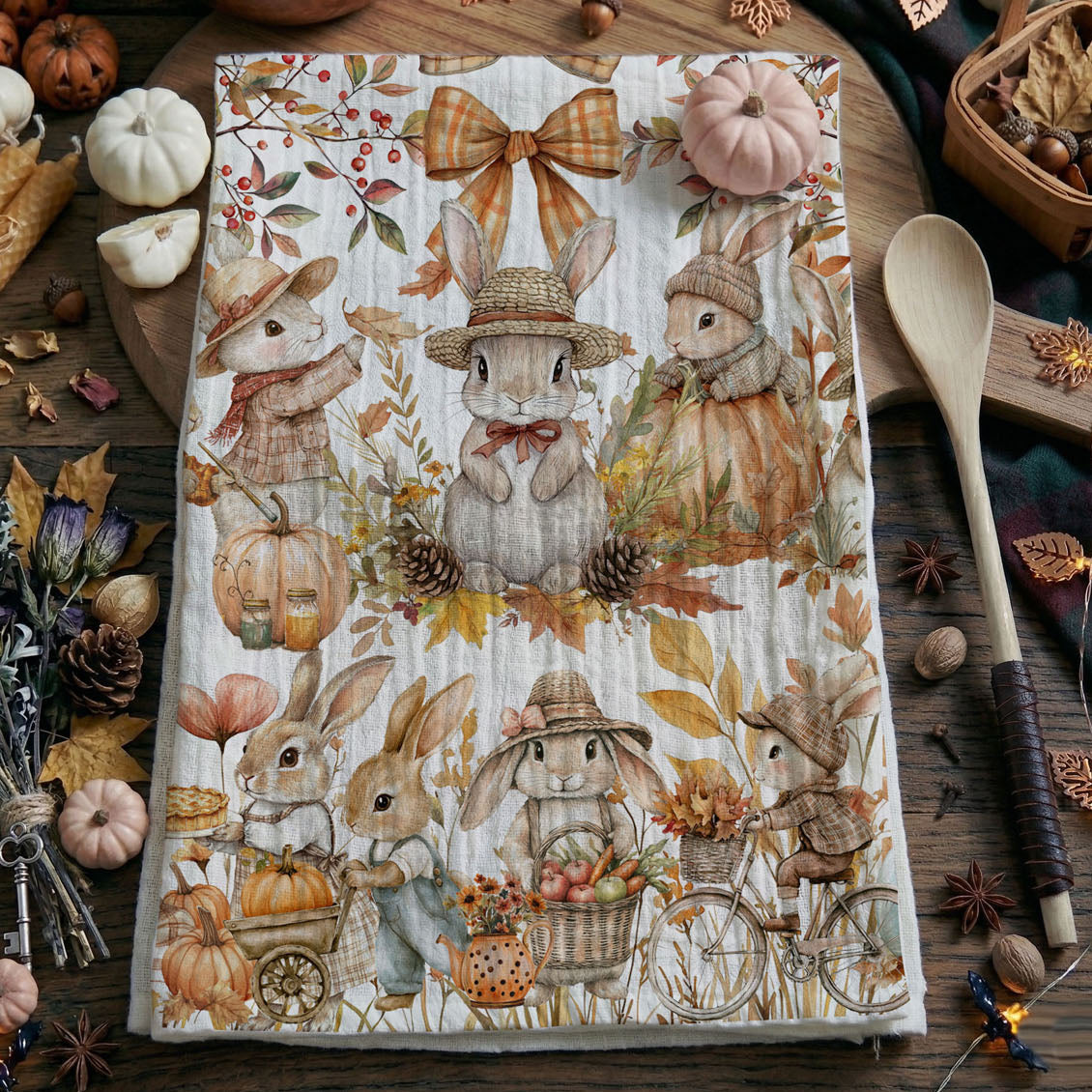 bunny and pumpkin fall towel for coffee bar décor
cozy cottagecore bunny kitchen towel for autumn home
fall rabbit and acorn towel for seasonal cooking and baking
autumn bunnies in coats and scarves cotton dish towel