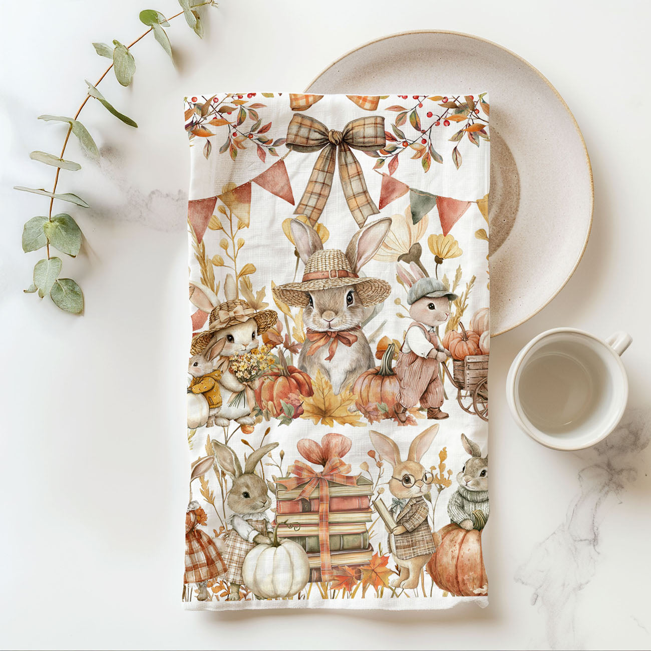 rustic fall dish towel with rabbits and pumpkins
woodland bunny flour sack towel for thanksgiving cooking
fall bunny kitchen towel 
autumn animals dish towel for cozy farmhouse kitchen
storybook bunny fall towel with pumpkins and books