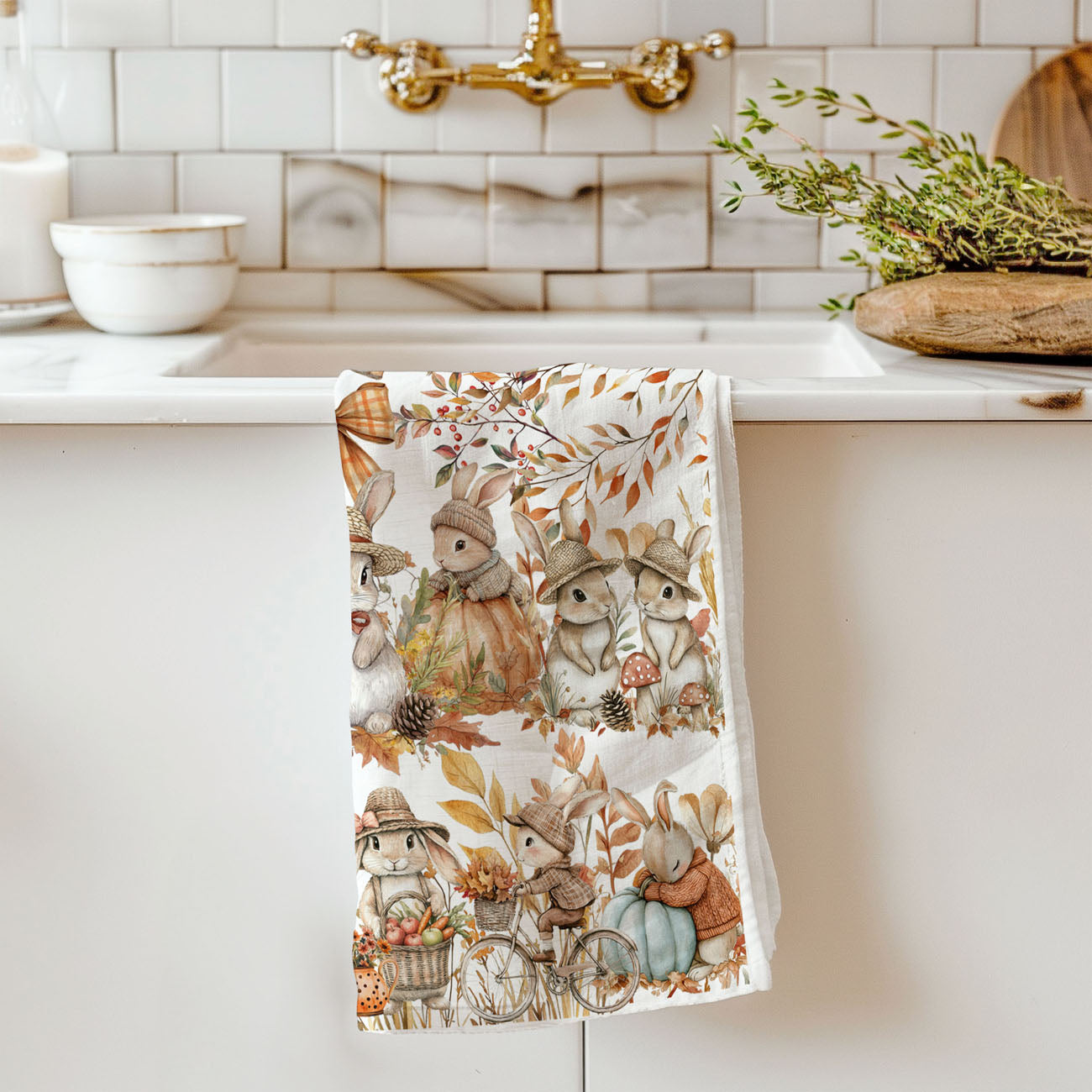 autumn bunny and plaid bow flour sack kitchen towel
cute bunny in straw hat fall dish towel
neutral fall kitchen towel with whimsical rabbits and foliage
autumn bunny linen for cottage farmhouse kitchen decor
fall woodland animals towel with rabbits pumpkins and leaves