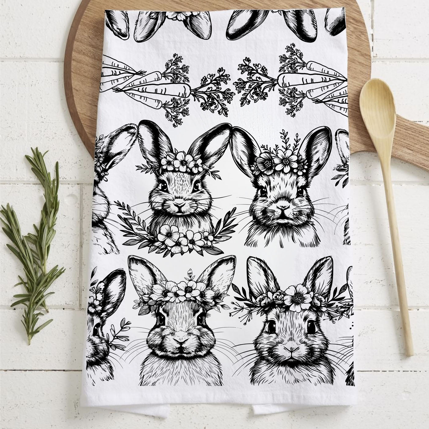Cottagecore bunny kitchen towel vintage black white Easter
Multiple bunny kitchen towel floral crown farmhouse rustic
Botanical bunny dish towel black white carrot spring design
Vintage Easter kitchen towel bunny floral crown pattern