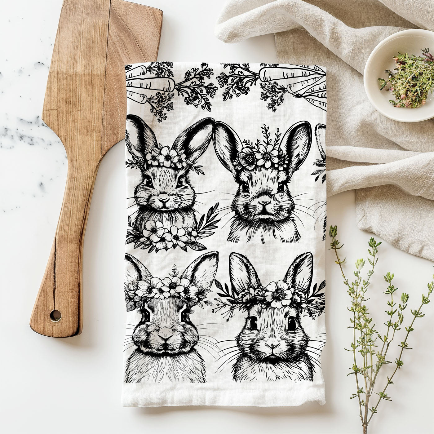 Black white bunny kitchen towel floral crown carrot pattern
Vintage bunny kitchen towel botanical illustration farmhouse
Easter bunny kitchen towel black white floral crown design
Hand drawn bunny dish towel carrot botanical spring