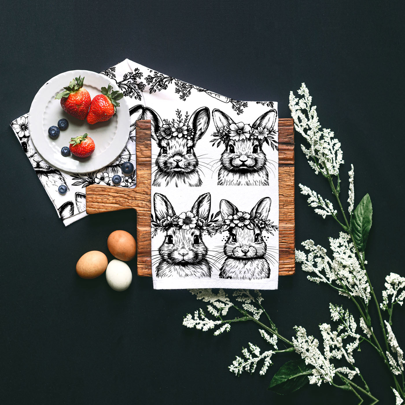 Black white spring kitchen towel bunny carrot botanical
Farmhouse bunny kitchen towel vintage illustration Easter
Floral crown bunny dish towel black white farmhouse spring
Easter bunny pattern kitchen towel vintage botanical design