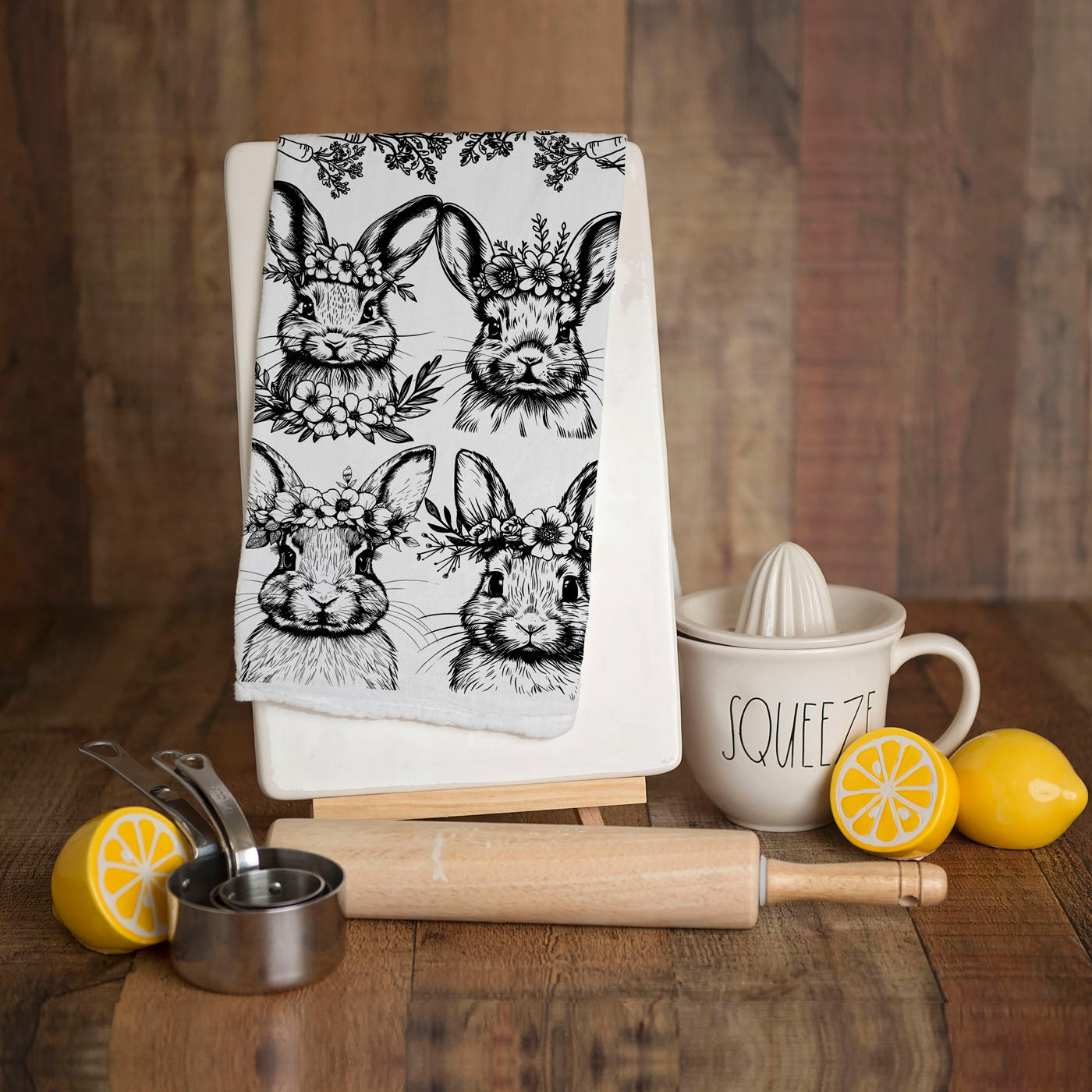 Rustic bunny kitchen towel black white floral carrot
Cottagecore Easter towel bunny floral crown botanical
Vintage bunny botanical kitchen towel black white farmhouse
Spring bunny dish towel floral crown carrot pattern
