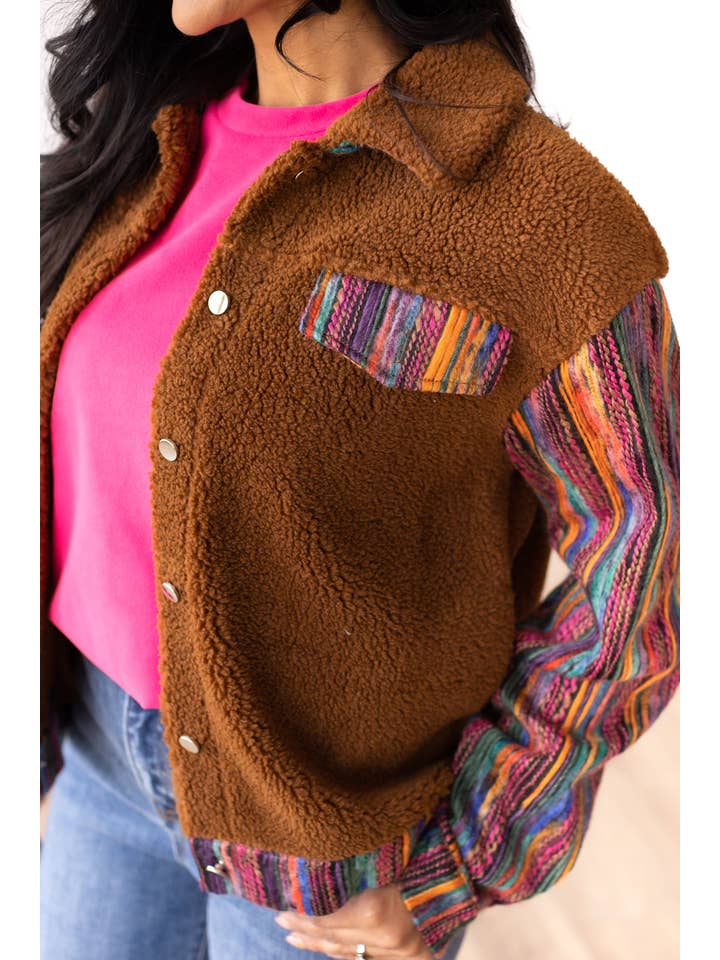 Brown Sherpa with Multi-Colored Sleeves