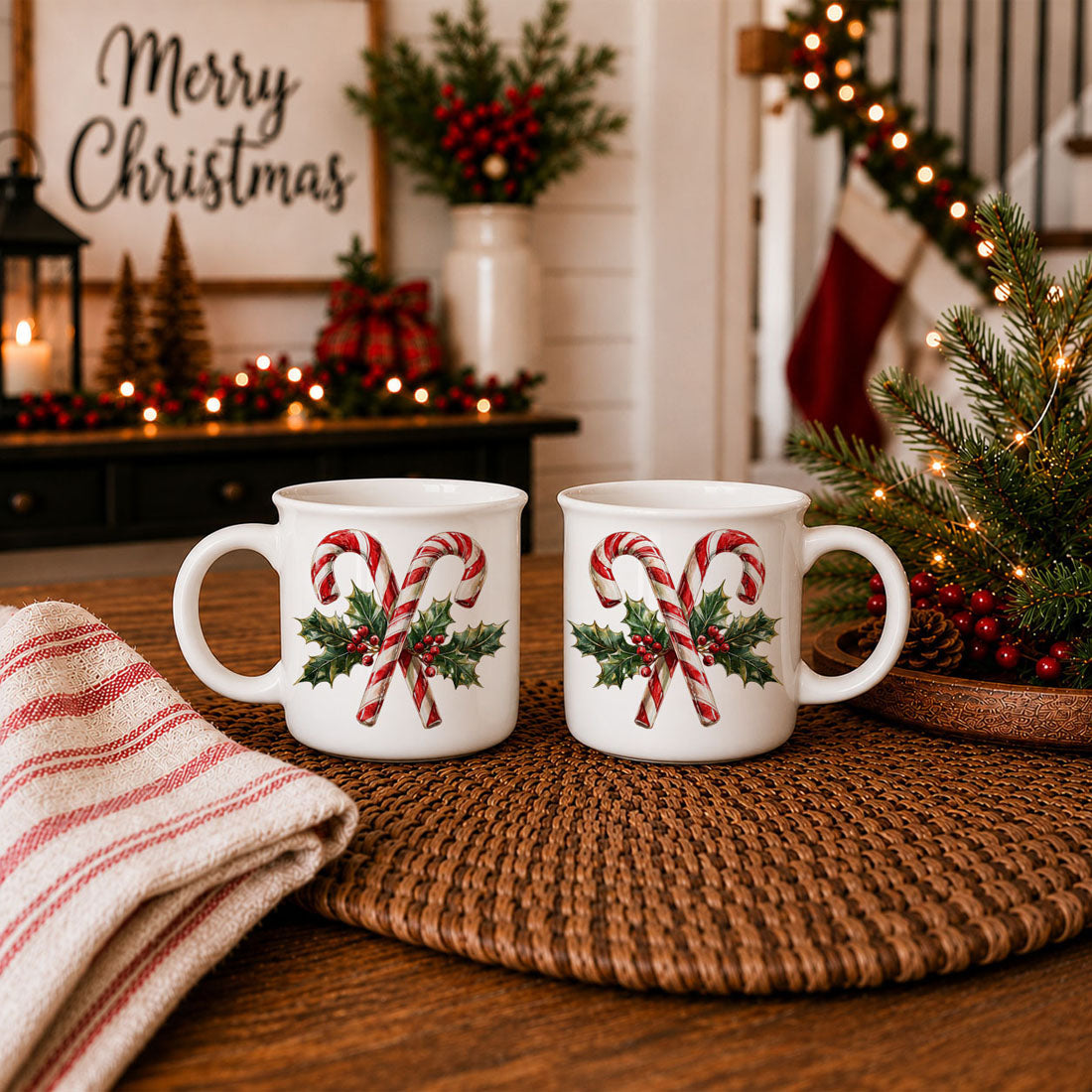 Festive mug with candy cane and holly leaves
Candy cane coffee mug for holiday home decor
Candy cane mug for red and green Christmas decor
Christmas mug for cozy holiday aesthetic
Holiday mug with classic peppermint candy canes
Candy cane mug with Christmas berry accents
Christmas mug for farmhouse holiday decor
Candy cane mug for modern holiday decor
Holiday mug for rustic Christmas kitchen styling
Ceramic Christmas mug with candy cane centerpiece