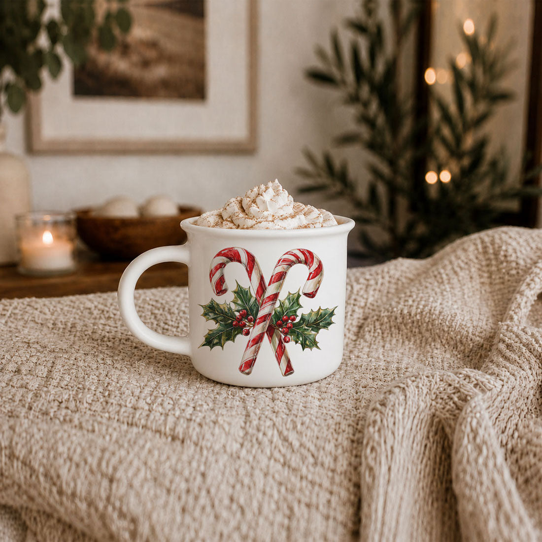Holiday mug with festive botanical candy cane design
Candy cane mug for Christmas Eve cocoa
Candy cane Christmas mug for gift giving
Cute holiday mug with candy cane artwork
Christmas mug with peppermint candy cane illustration
Candy cane mug with Christmas holly design
Holiday ceramic cup with candy cane art
Candy cane mug for winter beverage lovers
Candy cane mug for seasonal coffee bar styling
Christmas mug with realistic candy cane illustration