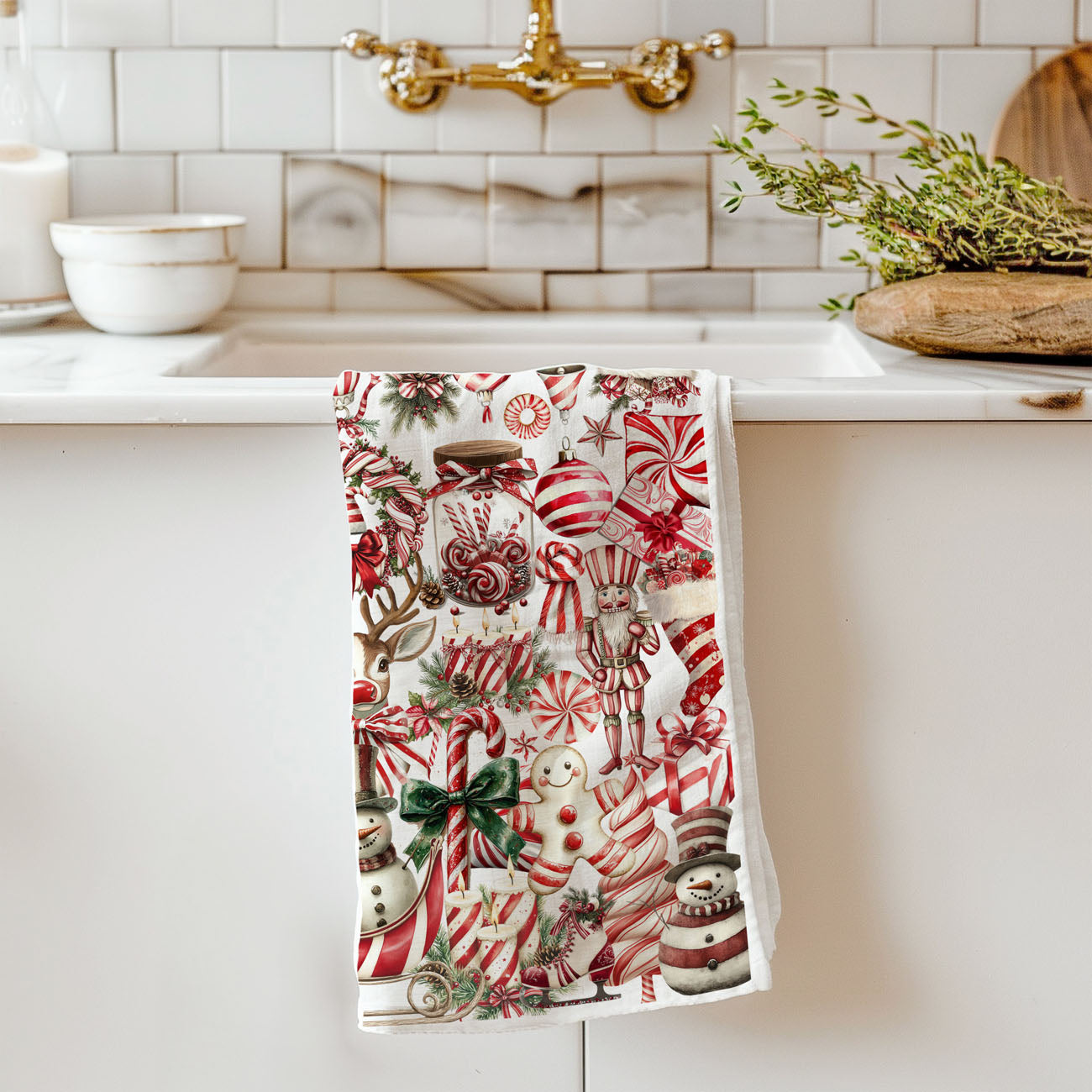 Candy Cane Christmas Kitchen Towels – Cute Holiday Dish Towel, Peppermint Gingerbread Decor, Festive Tea Towel Gift for Women