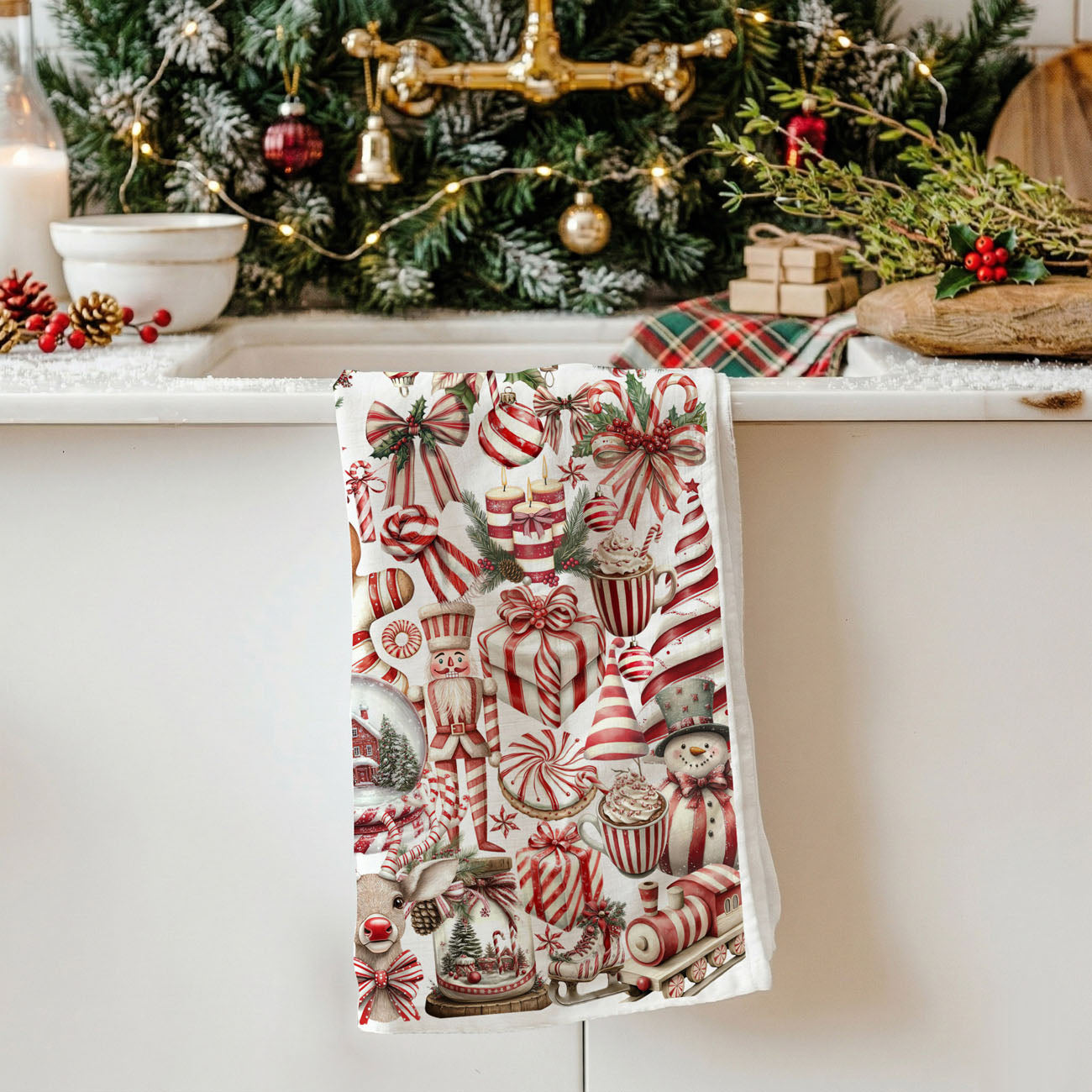 peppermint candy cane christmas kitchen towel for festive home decor
red white holiday kitchen towel for baking decorating and hosting
cute christmas dish towel with gingerbread and candy cane theme
holiday kitchen towel for cozy christmas baking and entertaining