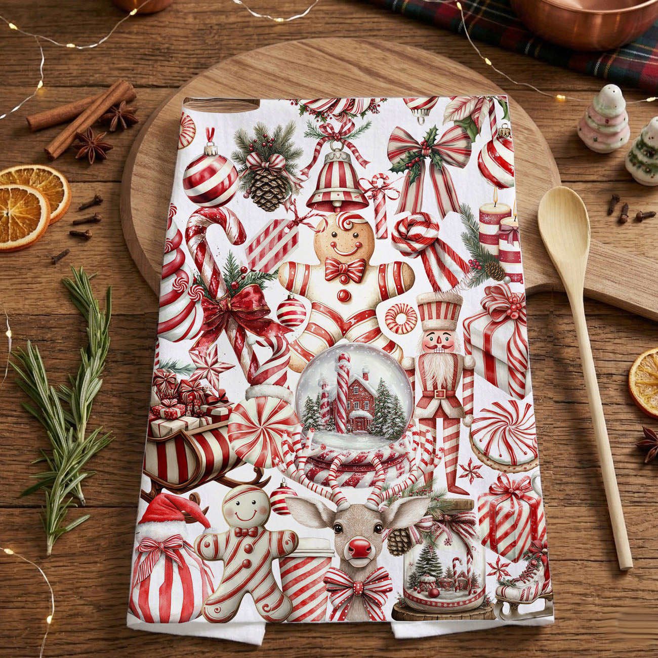 candy cane christmas kitchen towel on wooden board kitchen styling
peppermint holiday dish towel detail red white christmas design
christmas kitchen towel decor in festive holiday home setting
