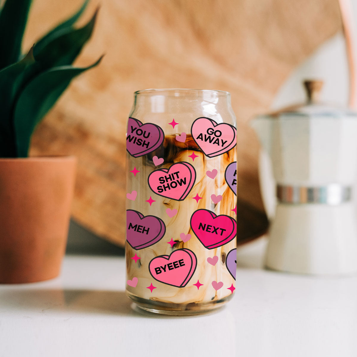 Naughty candy hearts glass cup for cheeky vibes.
Unique Valentine’s Day gift ideas with modern designs. Hilarious Valentine’s coffee mug for a good laugh.
Candy heart glass cup with funny sayings.