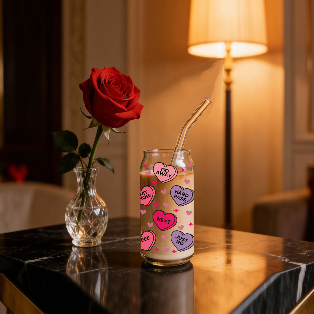 Sarcastic candy hearts glass tumbler for bold humor.
Single women’s Valentine’s Day glass cup gift.
Funny Valentine’s Day glass cup with quirky designs. Valentine’s Day glass cup for love-themed drinks.
Galentine’s Day glass tumbler for bestie celebrations.