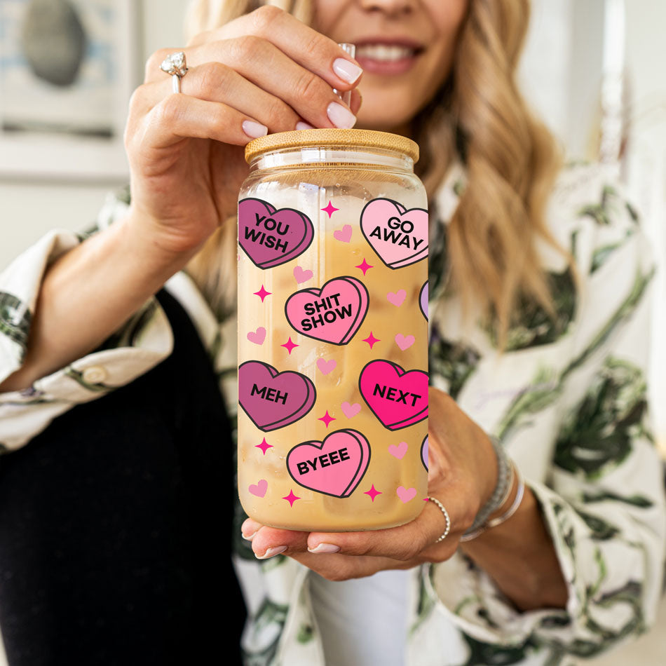 Single women Valentine’s Day glass cup ideas.
Funny Valentine’s Day tumblers with cute designs.
Hilarious candy heart-themed coffee mugs for laughs.