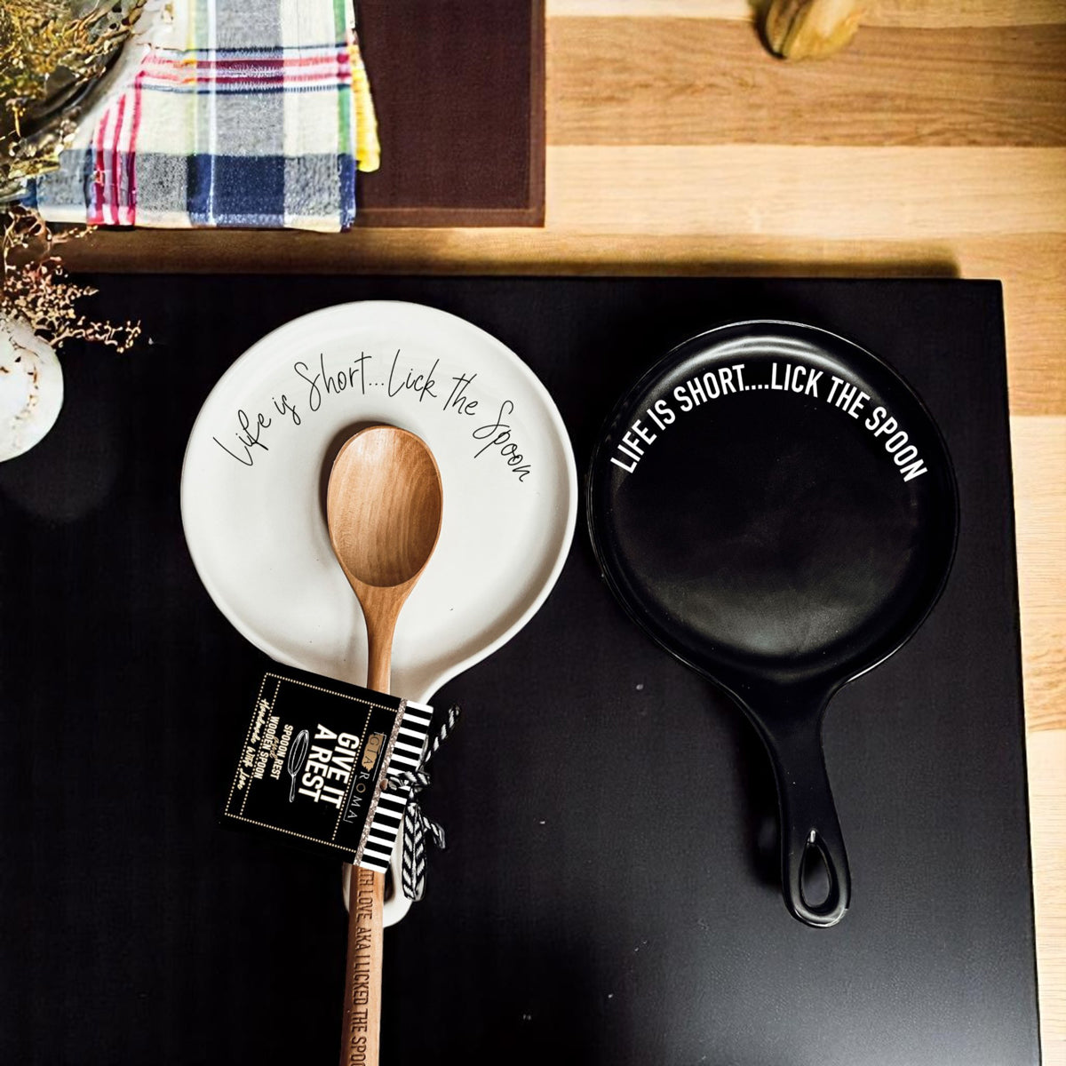 Perfect baker gift set with ceramic spoon rest and wooden spoon
Complete kitchen gift bundle with quoted spoon rest and accessories