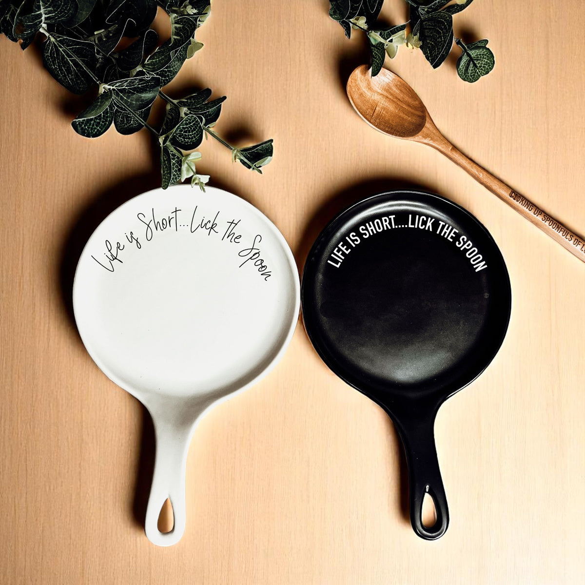 Dishwasher safe ceramic spoon rest with funny baking message
Kitchen gift set featuring spoon rest and wooden spoon with inspirational quote