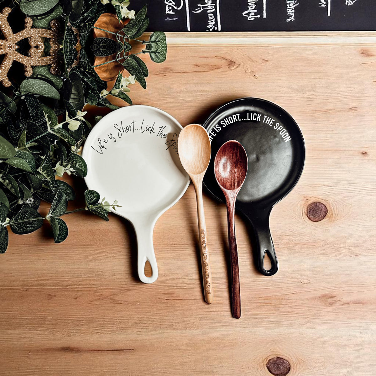 Life is Short Lick the Spoon ceramic spoon holder with wooden spoon and gift tag