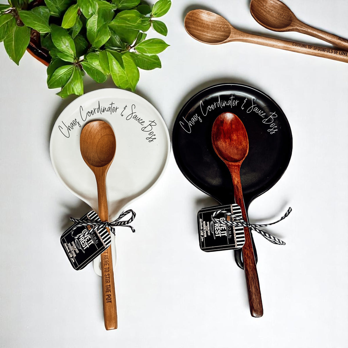 Gift idea for cooking lovers - black and white ceramic spoon holders
Kitchen humor spoon rest for mom or wife - great for birthdays or holidays
Kitchen party starter set
Modern kitchen counter decor
Housewarming kitchen gift package