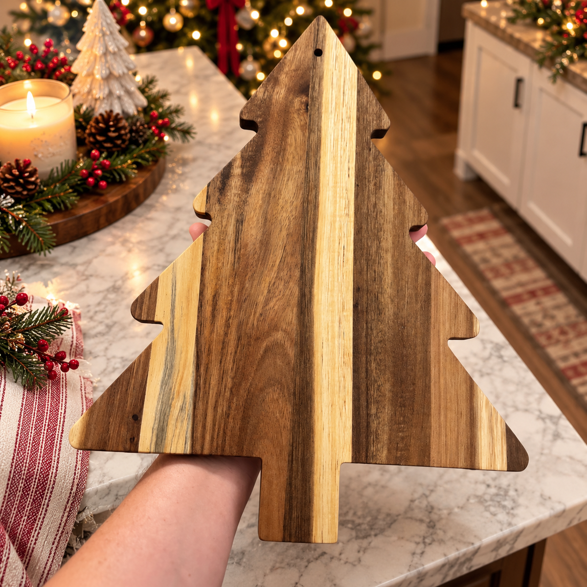 Christmas tree acacia wood board displayed on a holiday kitchen counter
Wooden Christmas tree board standing in a festive farmhouse display
Acacia wood holiday board styled with miniature Christmas houses
Christmas tree cutting board displayed beside a Merry Christmas sign
Wooden tree-shaped charcuterie board used as seasonal kitchen décor