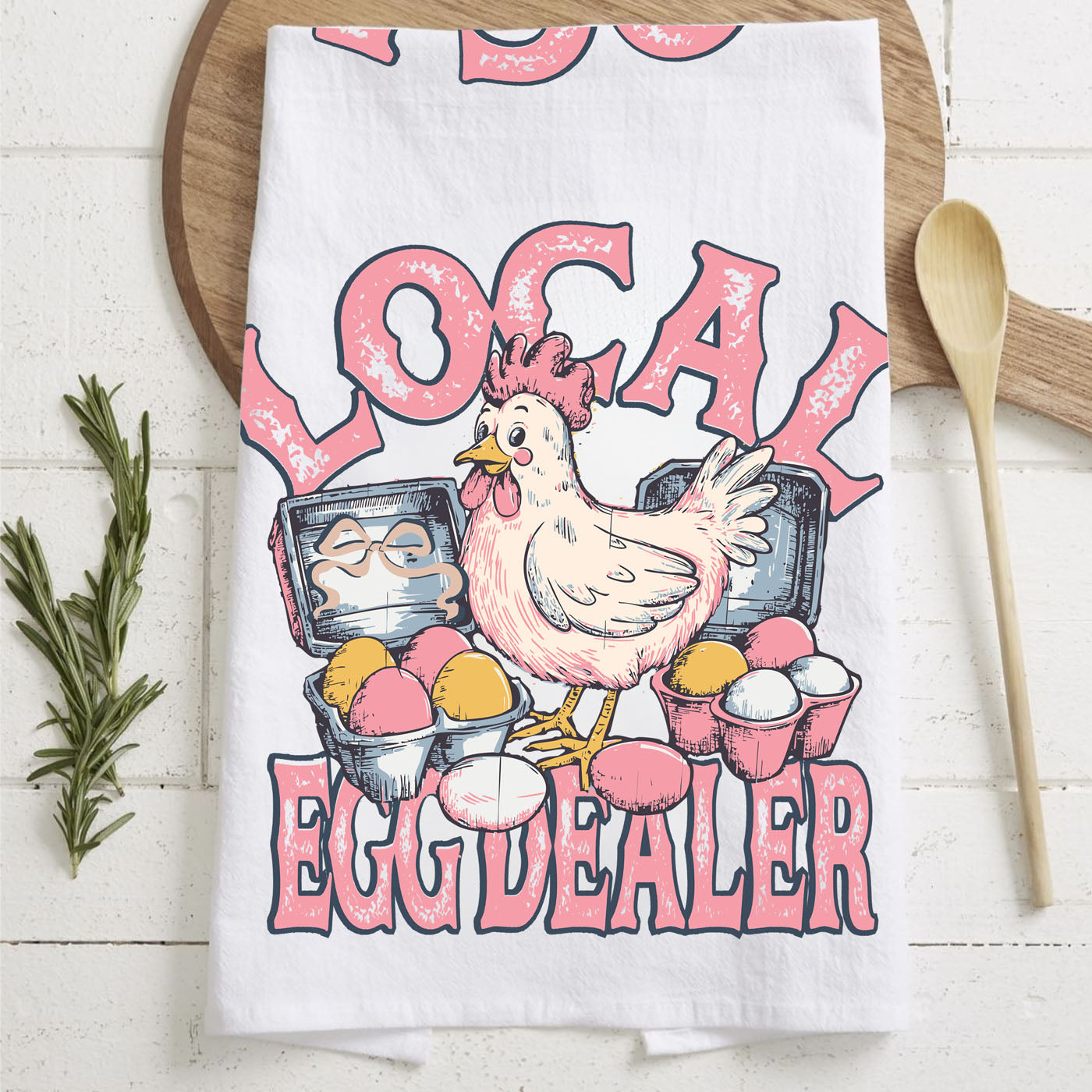 Local egg dealer kitchen towel on wooden cutting board
Funny chicken kitchen towel Easter spring farm humor
Backyard chicken kitchen towel egg dealer design
Farm humor kitchen towel chicken eggs farmhouse decor