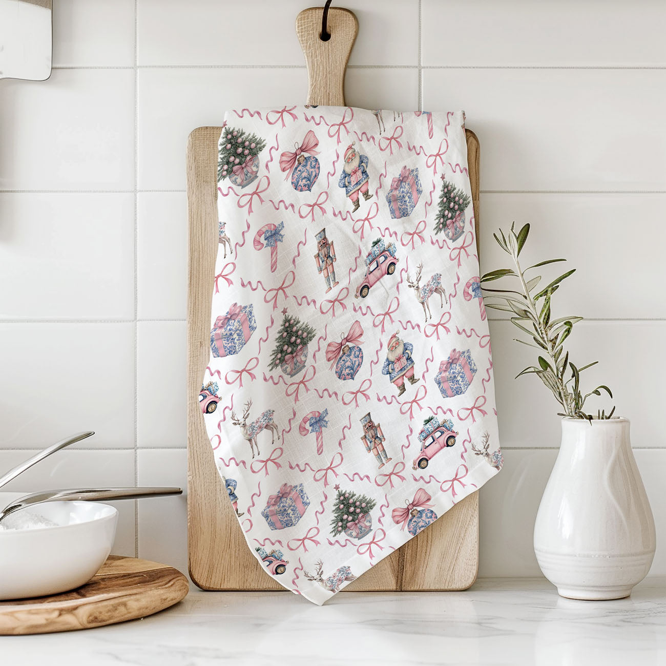 decorative christmas pattern towel pink blue holiday theme
gift box and ribbon christmas towel vintage inspired design
festive bow print kitchen towel christmas decor accessory
classic ornament print christmas tea towel elegant style
holiday pattern kitchen towel with trees gifts and bows
pink blue ornament kitchen towel festive holiday design
repeating christmas pattern tea towel pastel chinoiserie