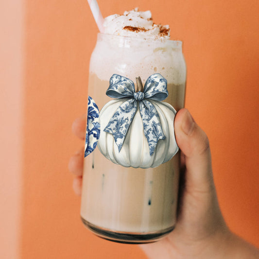 white pumpkin coffee station
elegant autumn decor glass
designer fall gift set
blue white pumpkin tumbler