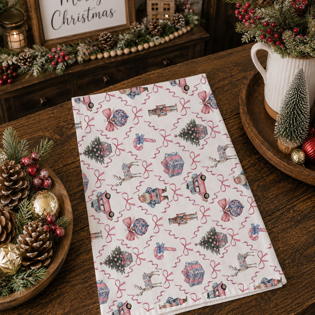 Machine washable Christmas kitchen towels cotton
Durable holiday kitchen towels 18x28 size
Christmas home decor kitchen accessories towels
Seasonal kitchen towels Christmas Santa pattern
holiday entertaining kitchen towel pink blue decor styling
christmas baking kitchen towel aesthetic holiday setup