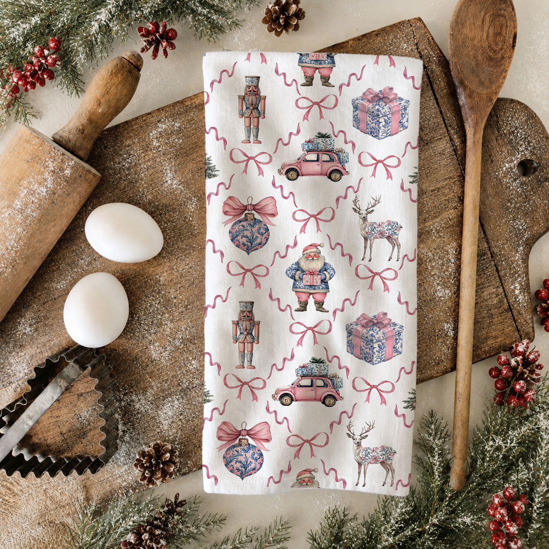 decorative christmas pattern towel pink blue holiday theme
gift box and ribbon christmas towel vintage inspired design
festive bow print kitchen towel christmas decor accessory
classic ornament print christmas tea towel elegant style
holiday pattern kitchen towel with trees gifts and bows
pink blue ornament kitchen towel festive holiday design
repeating christmas pattern tea towel pastel chinoiserie