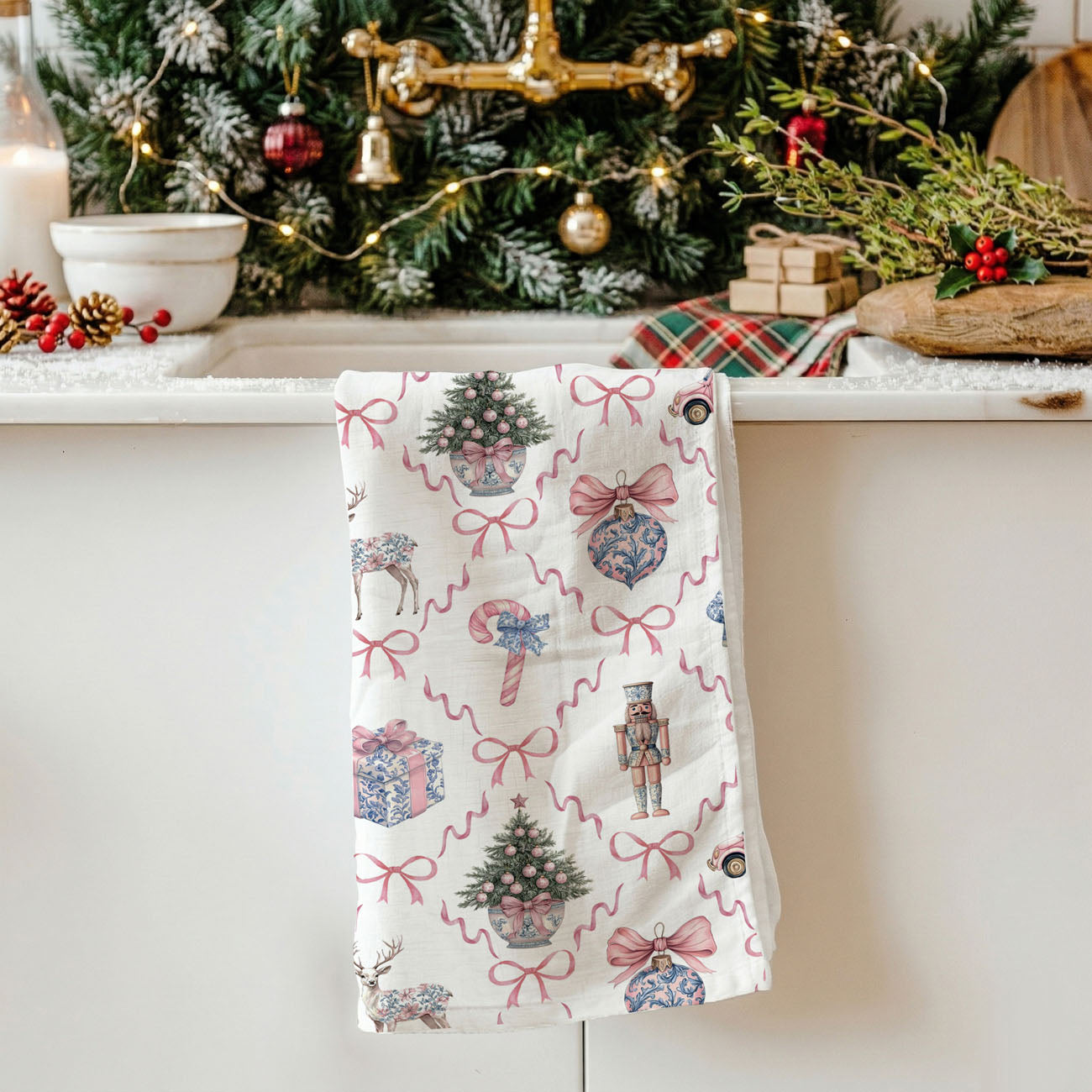 preppy christmas kitchen towel pink blue holiday decor
grandmillennial christmas decor chinoiserie tea towel
coquette christmas kitchen towel bows pink holiday aesthetic
girly preppy christmas decor kitchen towel chinoiserie style