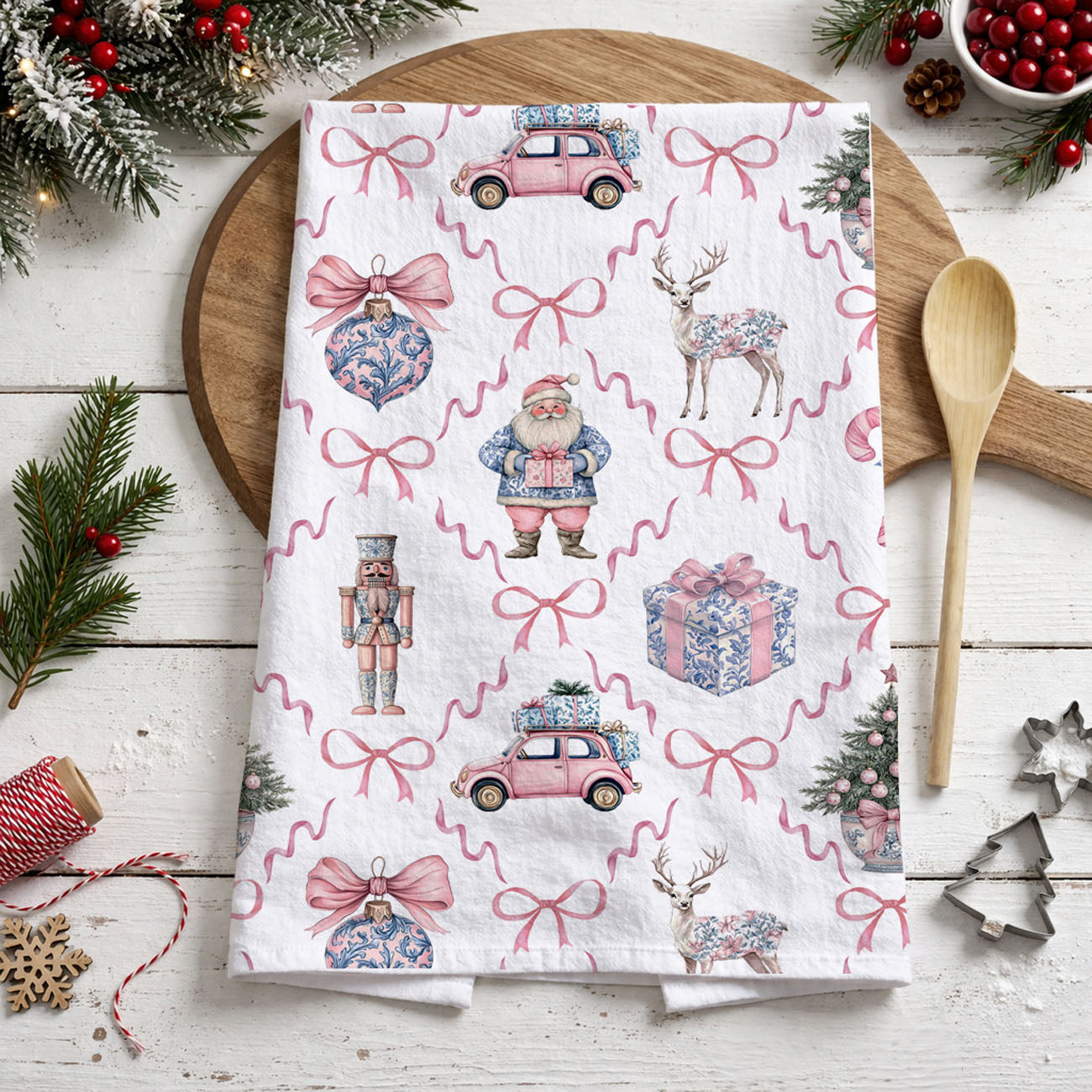Blue Pink Chinoiserie Christmas Kitchen Towel – Vintage Holiday Tea Towel, Elegant Christmas Decor, Preppy Holiday Gift, Unique Kitchen Decor