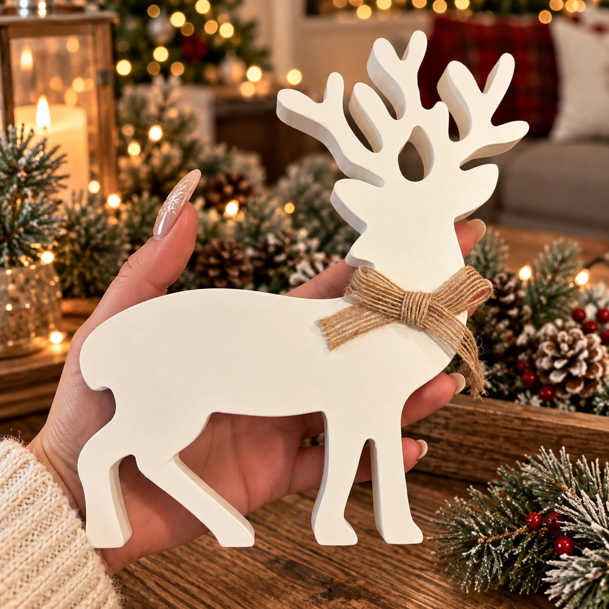 Small holiday reindeer for tiered tray décor
White deer decorations for a Christmas village display
Wooden reindeer for a festive dining room table
Christmas