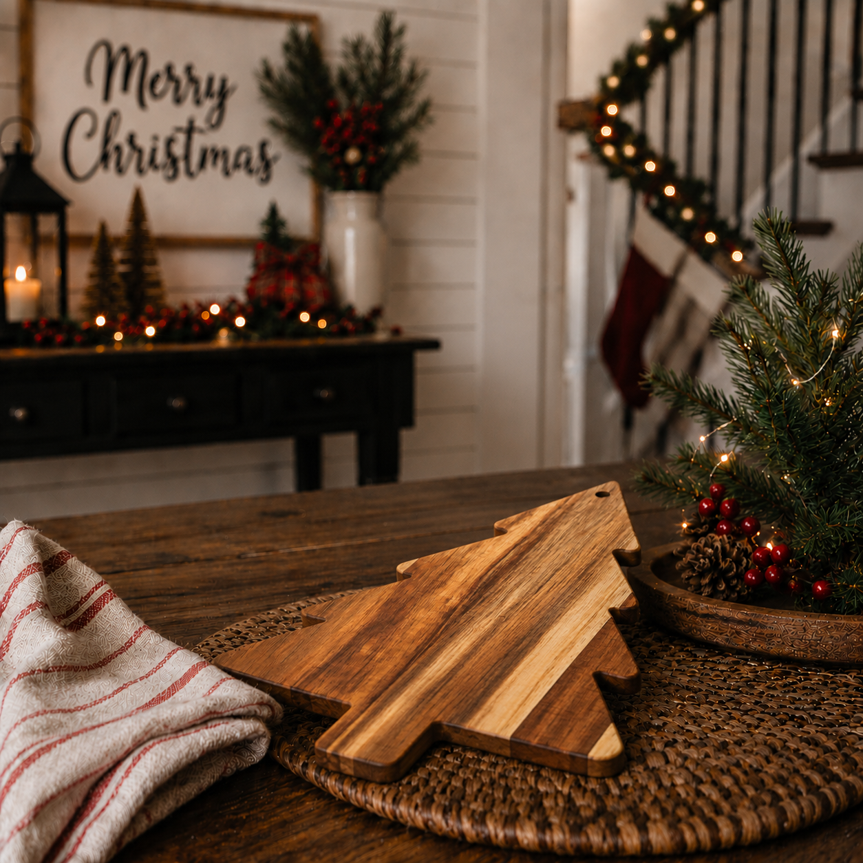Christmas tree-shaped acacia wood cutting board with natural wood grain
Wooden Christmas tree cutting board made from acacia wood
Acacia wood Christmas tree charcuterie board with hanging hole
Christmas tree-shaped wooden serving board for holiday entertaining
Holiday charcuterie board shaped like a Christmas tree