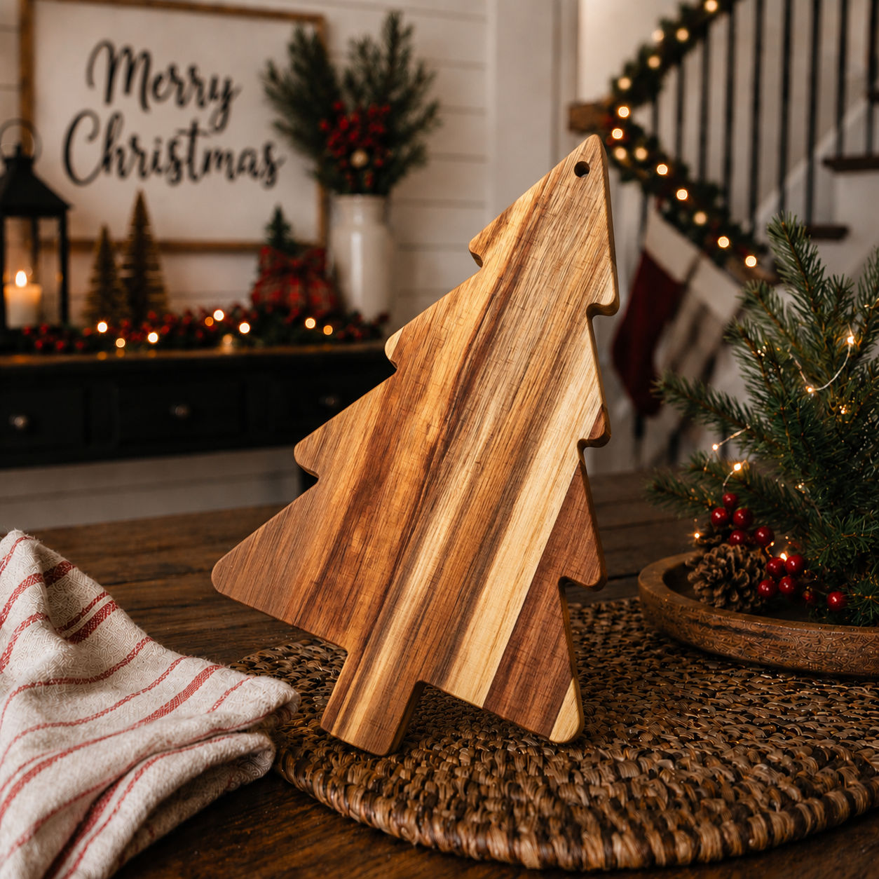 Christmas tree acacia wood board displayed on a holiday kitchen counter
Wooden Christmas tree board standing in a festive farmhouse display
Acacia wood holiday board styled with miniature Christmas houses
Christmas tree cutting board displayed beside a Merry Christmas sign
Wooden tree-shaped charcuterie board used as seasonal kitchen décor
Christmas acacia board displayed with candles and tabletop trees
Festive wooden serving board standing on a rustic kitchen shelf