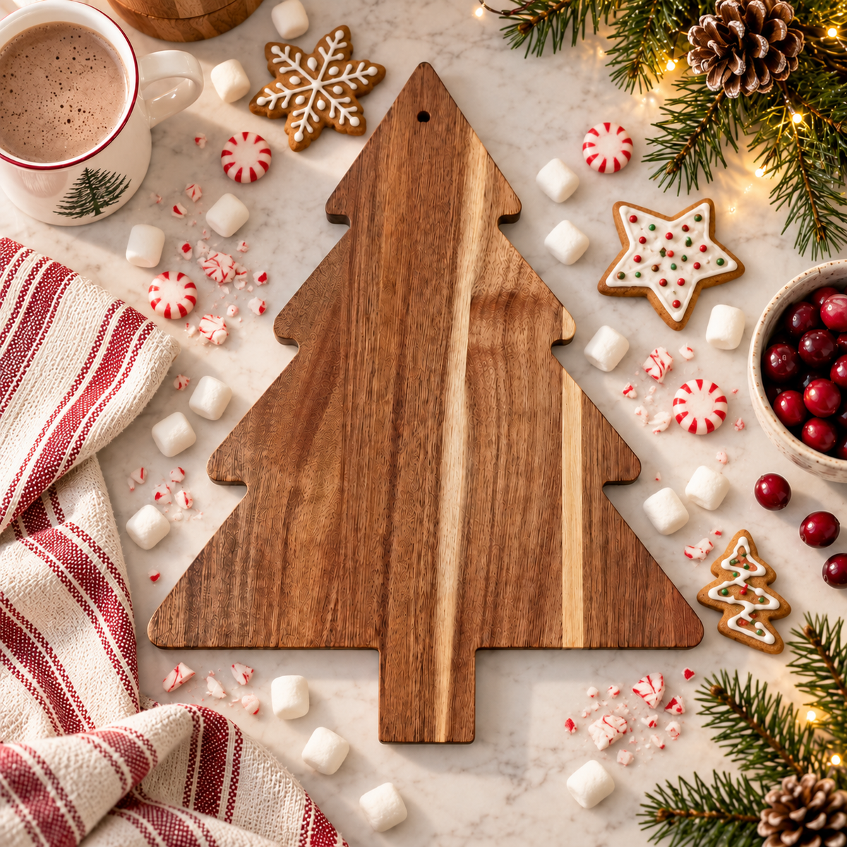 Holiday gift for charcuterie lovers and home entertainers
Wooden Christmas cutting board gift for a home cook
Christmas kitchen gift made from natural acacia wood
Tree-shaped serving board gift for holiday hosts
Christmas housewarming gift wooden charcuterie platter
Festive acacia wood board for Christmas gift giving