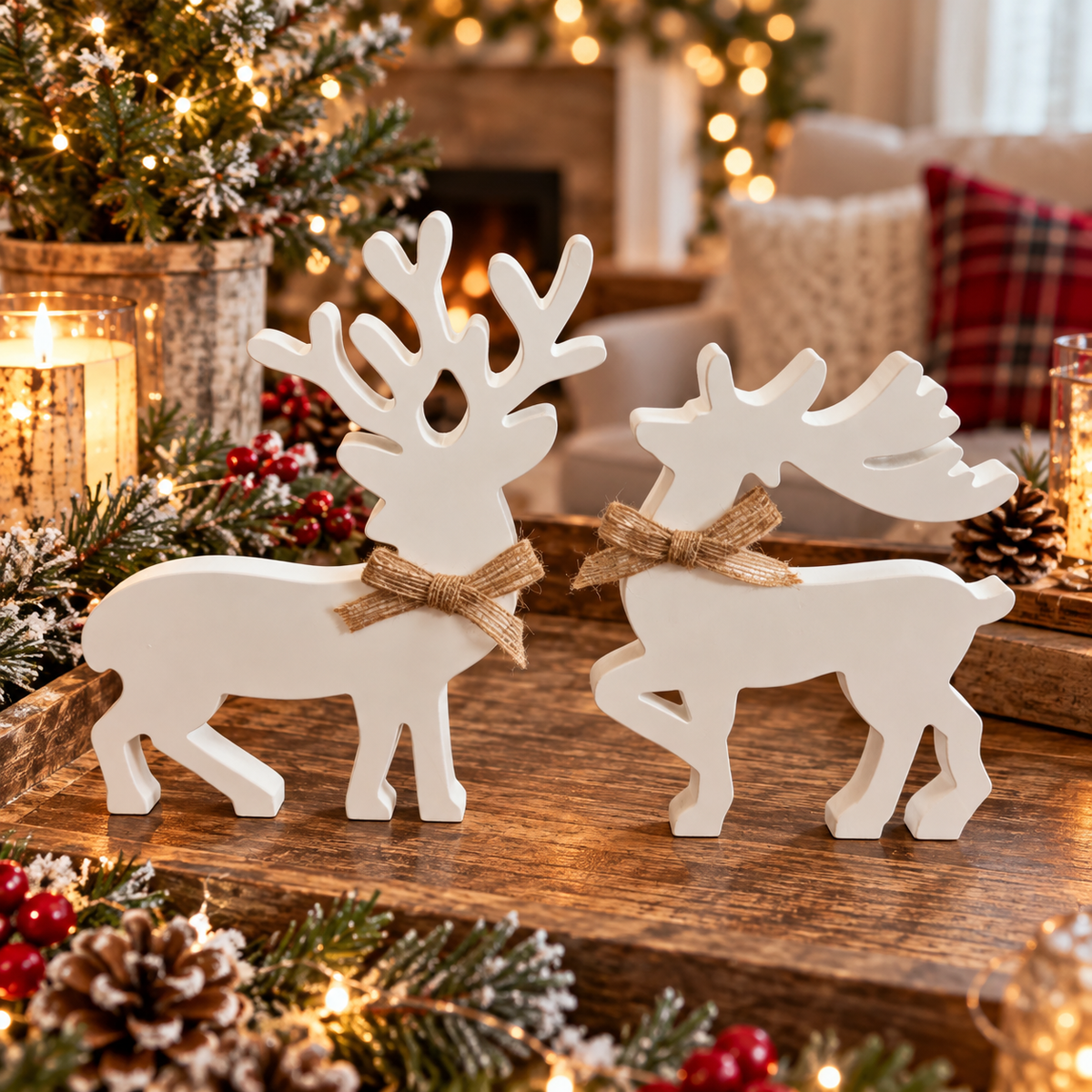 white wooden deer holiday decor in cozy Christmas home
Christmas reindeer decor with greenery berries and candlelight
Cozy cabin Christmas décor with white deer figurines