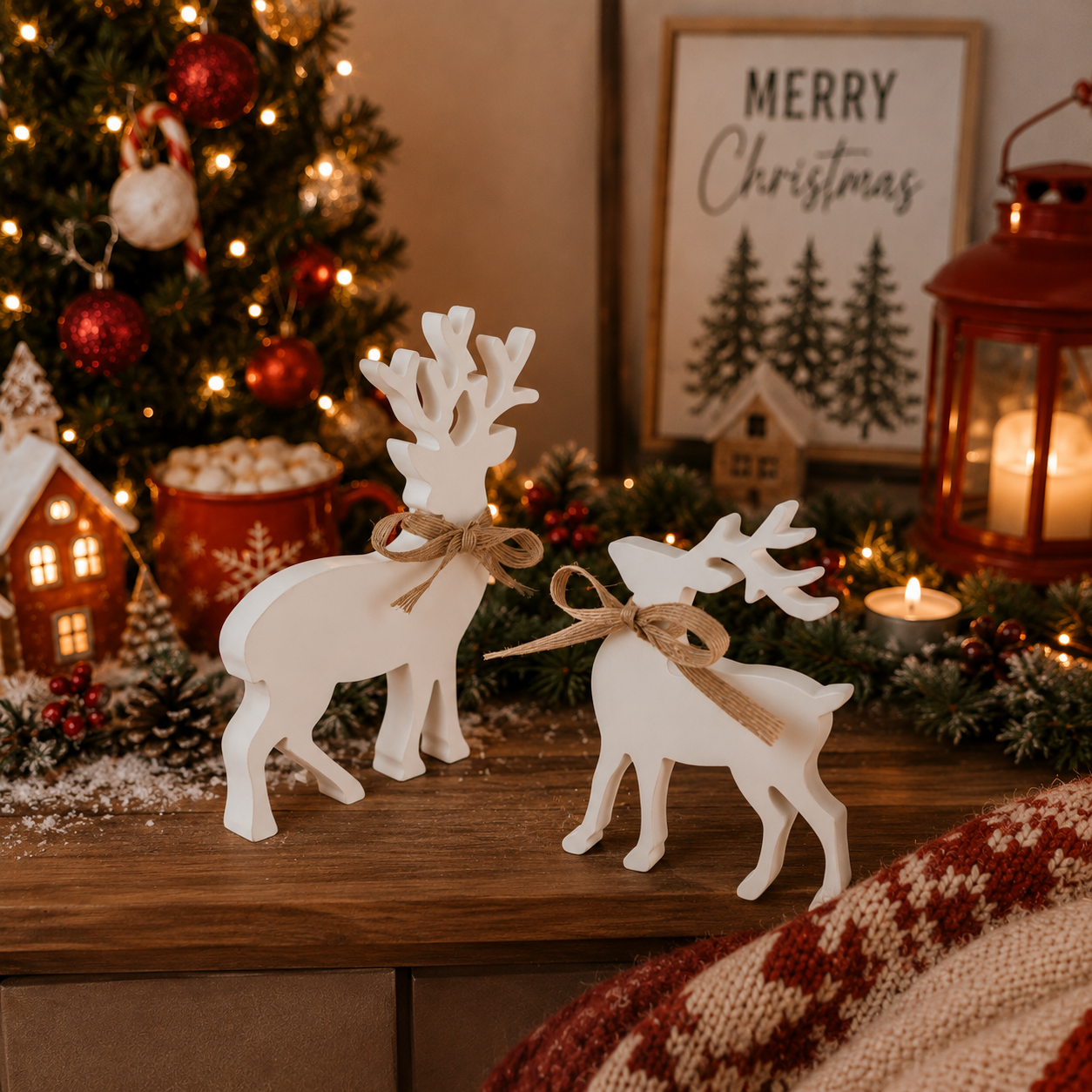 Set of two white wooden reindeer decorations with burlap bows
MDF Christmas reindeer figurines for farmhouse holiday décor
White tabletop reindeer decorations for mantels and shelves
Rustic wooden deer pair for neutral Christmas decorating
Freestanding white reindeer figurines for indoor holiday displays
Christmas reindeer centerpiece for a farmhouse dining table
White wooden deer decorations for Scandinavian Christmas décor
Large and small reindeer figurines for holiday shelf styling