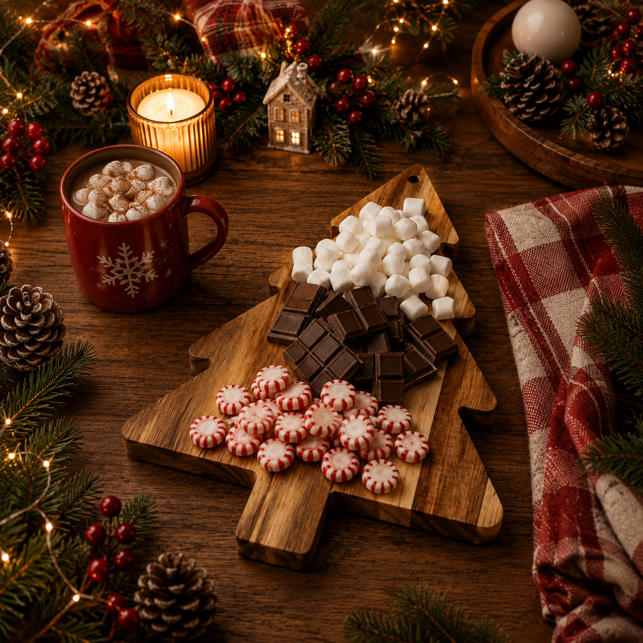 Christmas tree candy board for a holiday hot cocoa station
Acacia wood Christmas serving board with hot chocolate toppings
Christmas hot cocoa charcuterie board with festive treats
Holiday dessert board arranged on a wooden Christmas tree platter
Christmas candy grazing board made from acacia wood
Wooden Christmas tree snack board with peppermint candies
Christmas party serving board with chocolate and marshmallows
Festive holiday treat board shaped like a Christmas tree