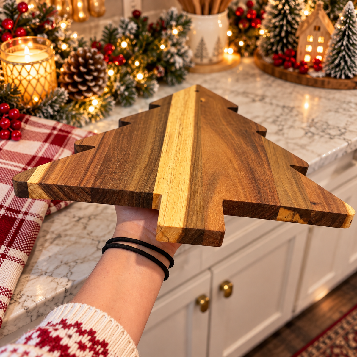 wooden holiday serving board
Christmas cutting board
Christmas tree cutting board
holiday cheese board
appetizer serving board
Christmas serving platter
wooden Christmas board
Christmas acacia board displayed with candles and tabletop trees