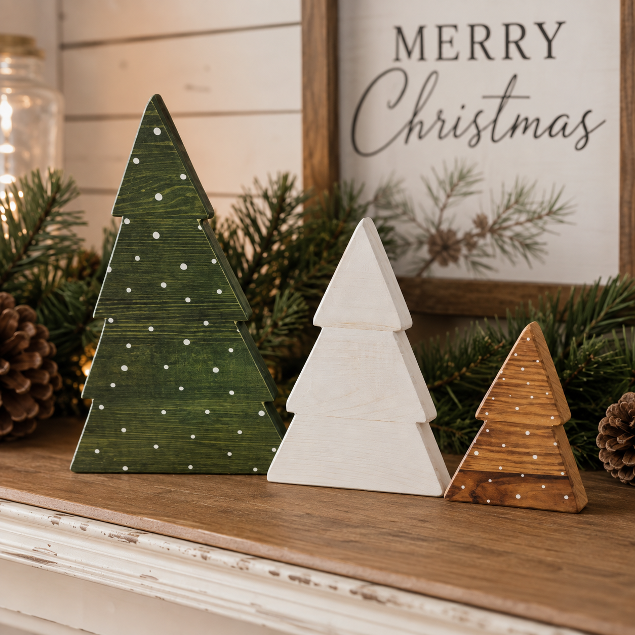 Nature-inspired Christmas decorations for a cozy home
Hand-painted farmhouse Christmas tree figurines
Warm neutral holiday décor with natural wood accents
Snowy wooden tree decorations for winter home décor
Timeless wooden Christmas decorations for seasonal styling
Holiday gift for a Scandinavian décor lover
Christmas gift for a cottage-style home
Decorative wooden tree trio for a seasonal hostess present
Unique Christmas home décor gift set
