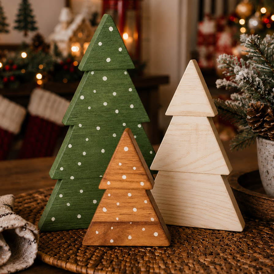 Small rustic trees for Christmas village décor
Decorative Christmas trees for a bedroom dresser
Wooden holiday trees for an office desk
Christmas decorations for small shelves and narrow spaces
Boxwood Christmas trees for a festive centerpiece
Rustic farmhouse wooden Christmas tree decorations
Modern farmhouse boxwood Christmas tree set
Scandinavian-style wooden Christmas tree décor
Neutral Christmas decorations with natural wood trees
Cottage Christmas décor with painted wooden trees