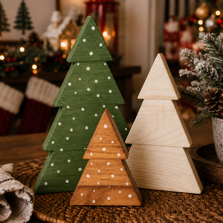 Three graduated-size wooden Christmas trees
Large medium and small wooden holiday tree figurines
Boxwood tree decoration measurements shown in inches
Freestanding wooden trees sized for shelves and tabletops
Compact wooden Christmas trees for small holiday displays
Wooden tree trio with large green medium white and small brown trees
Boxwood Christmas trees in three coordinating heights
Small-space Christmas decorations made from boxwood
Wooden tabletop Christmas trees with sturdy freestanding bases