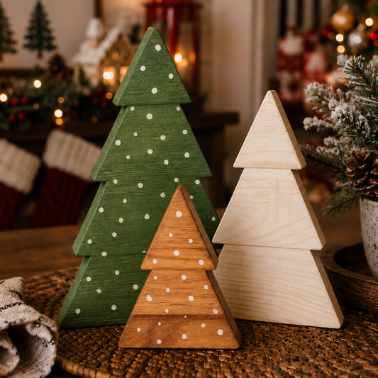 Three graduated-size wooden Christmas trees
Large medium and small wooden holiday tree figurines
Boxwood tree decoration measurements shown in inches
Freestanding wooden trees sized for shelves and tabletops
Compact wooden Christmas trees for small holiday displays
Wooden tree trio with large green medium white and small brown trees
Boxwood Christmas trees in three coordinating heights
Small-space Christmas decorations made from boxwood
Wooden tabletop Christmas trees with sturdy freestanding bases
