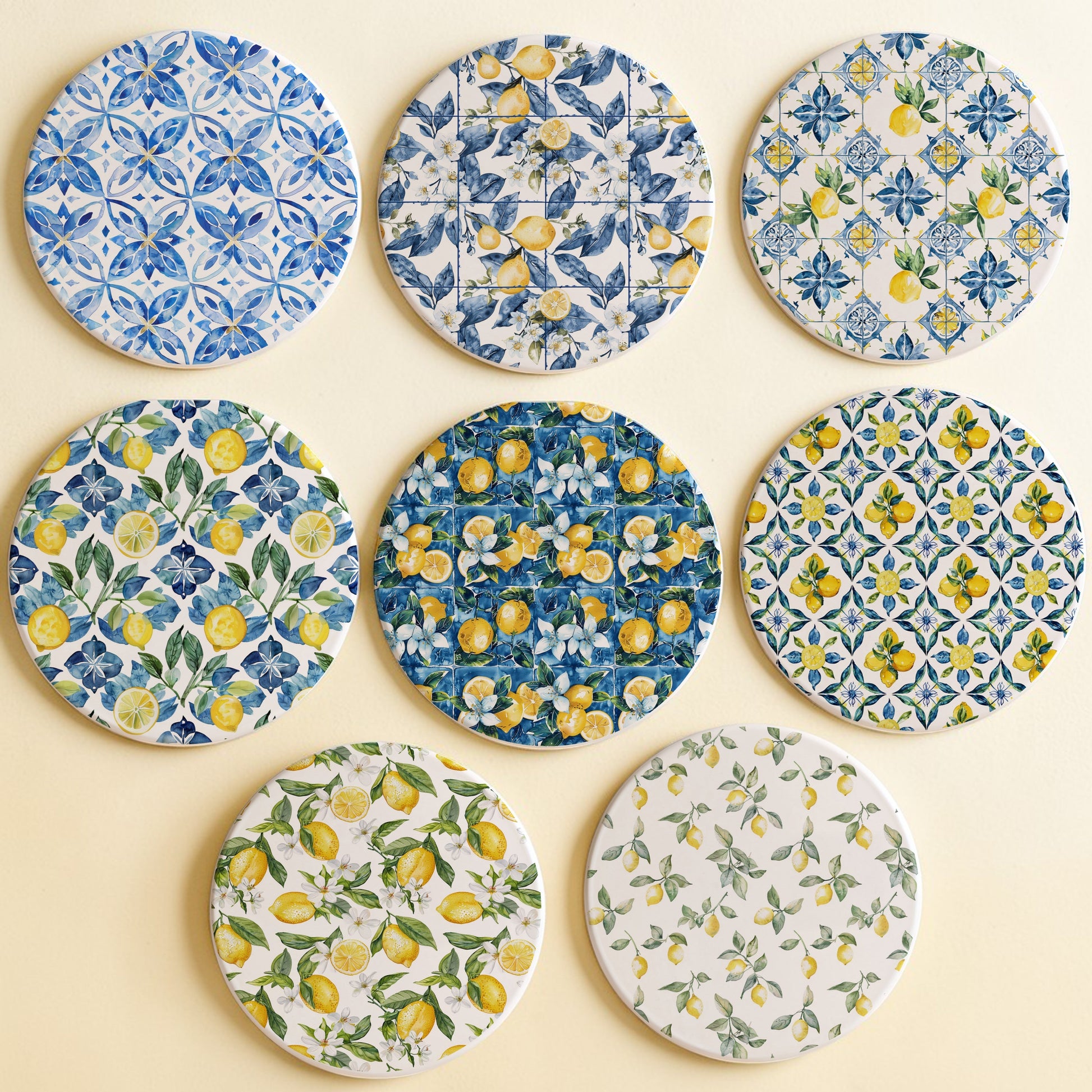 Luxury ceramic coasters Mediterranean lemon pattern blue white chinoiserie style cork back drink coaster
maximalist decor ceramic coasters Mediterranean lemon design luxury blue yellow patterns cork back accessories